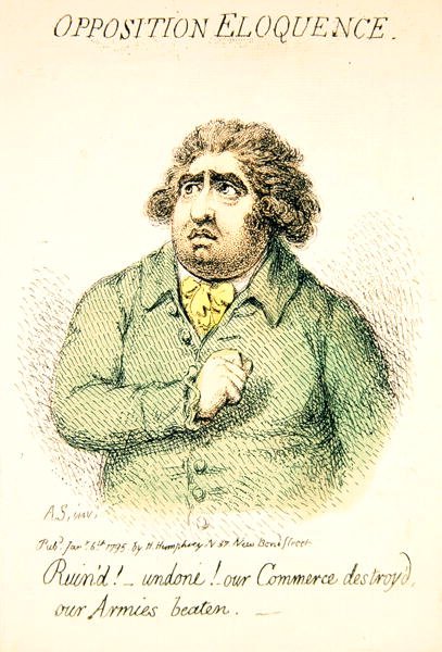 Opposition Eloquence, udgivet af Hannah Humphrey i 1795 (håndfarvet gravering) (detalje fra 191281) af James Gillray
