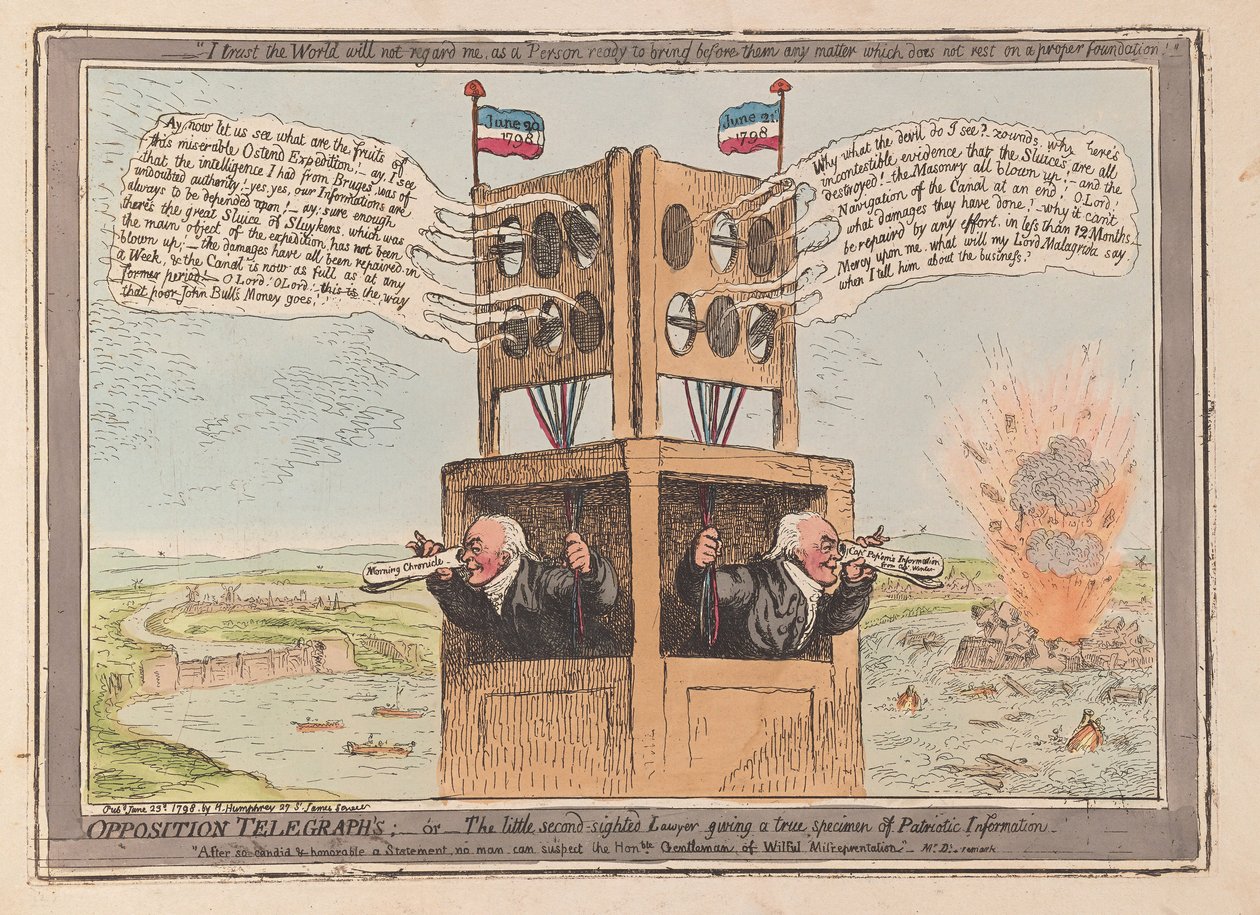 Opposition Telegraphs, eller den lille andensynede advokat, der giver et sandt eksemplar af Patriotic Information, pub. 1798 (håndfarvet gravering) af James Gillray