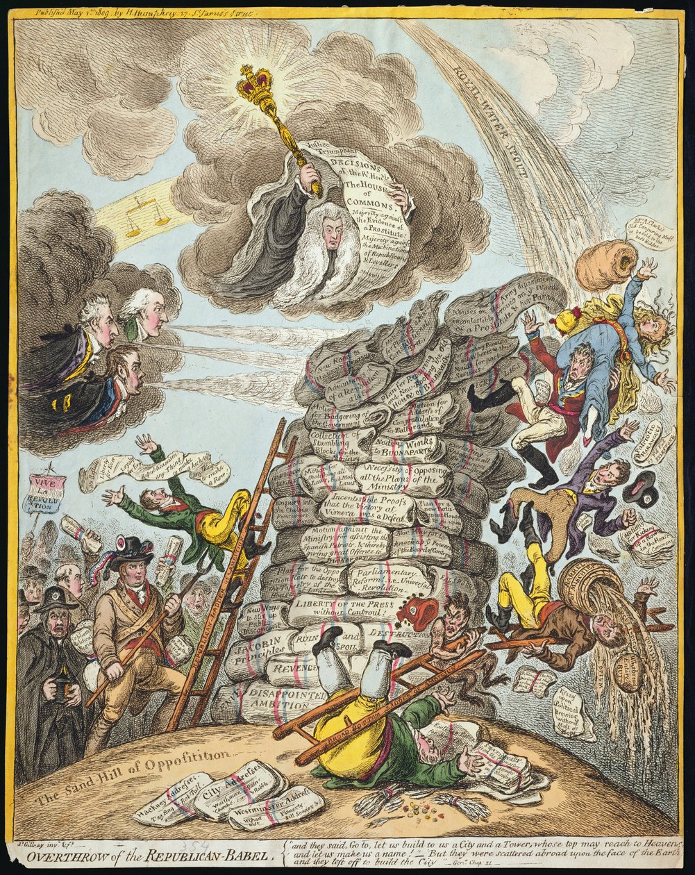 Omstyrtelse af det republikanske Babel, udgivet af Hannah Humphrey i 1809 (håndfarvet radering) af James Gillray