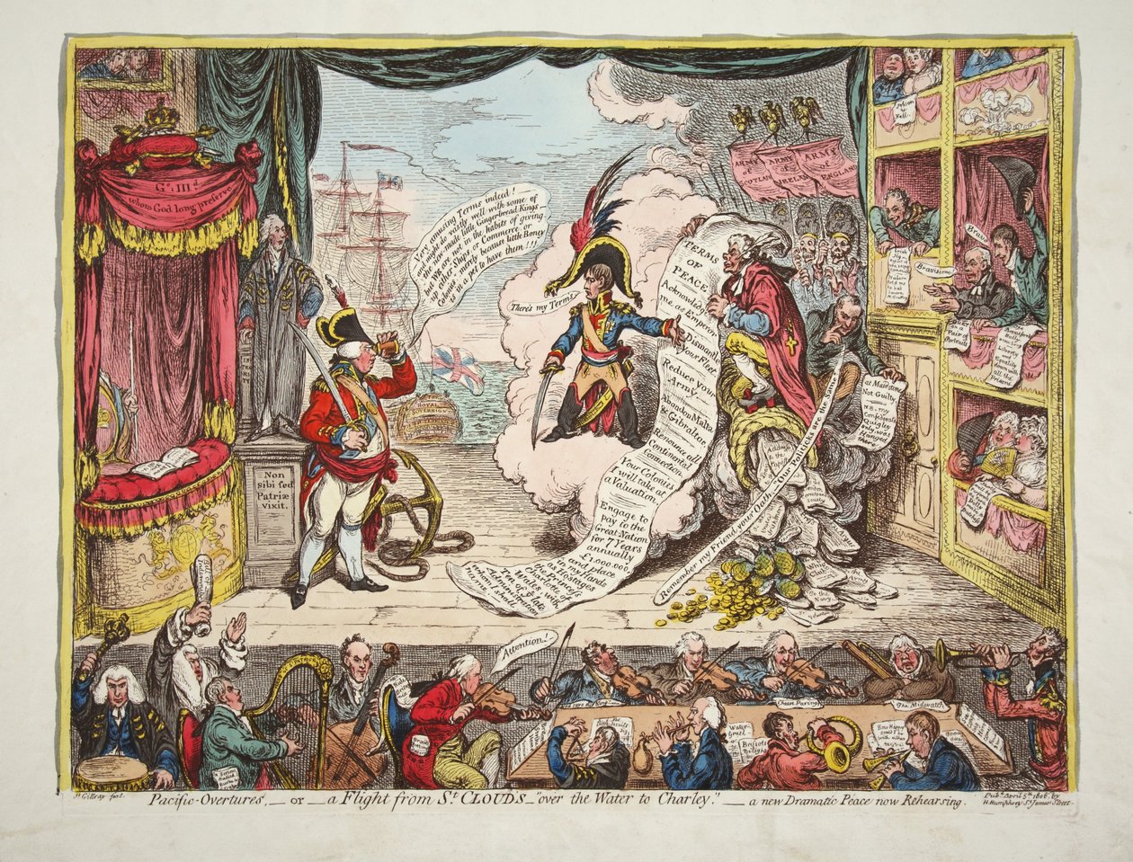Pacific-Overtures, - eller- en flyvning fra St Clouds- over vandet til Charlet. - en ny Dramatisk Fred nu øver, pub. 1806 (håndfarvet gravering) af James Gillray