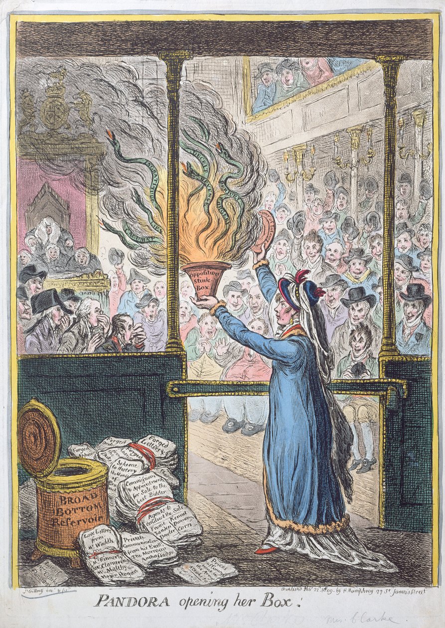 Pandora Opening her Box, udgivet af Hannah Humphrey, 1809 (håndfarvet radering) af James Gillray