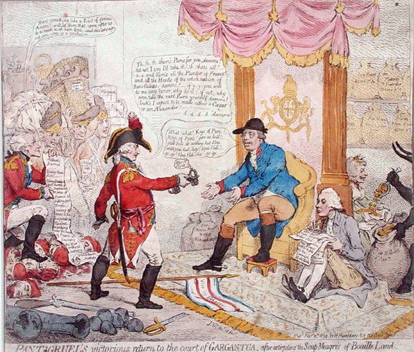 Pantagruelin voittoisa paluu Gargantuan hoviin hävitettyään Hannah Humphreyn vuonna 1794 julkaiseman Soup-Meagres of Bouaille Landin (käsinvärinen etsaus) af James Gillray