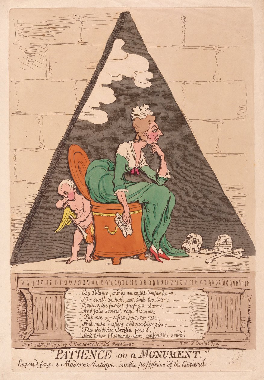 Tålmodighed på et monument, pub. 1791 (håndfarvet gravering) af James Gillray
