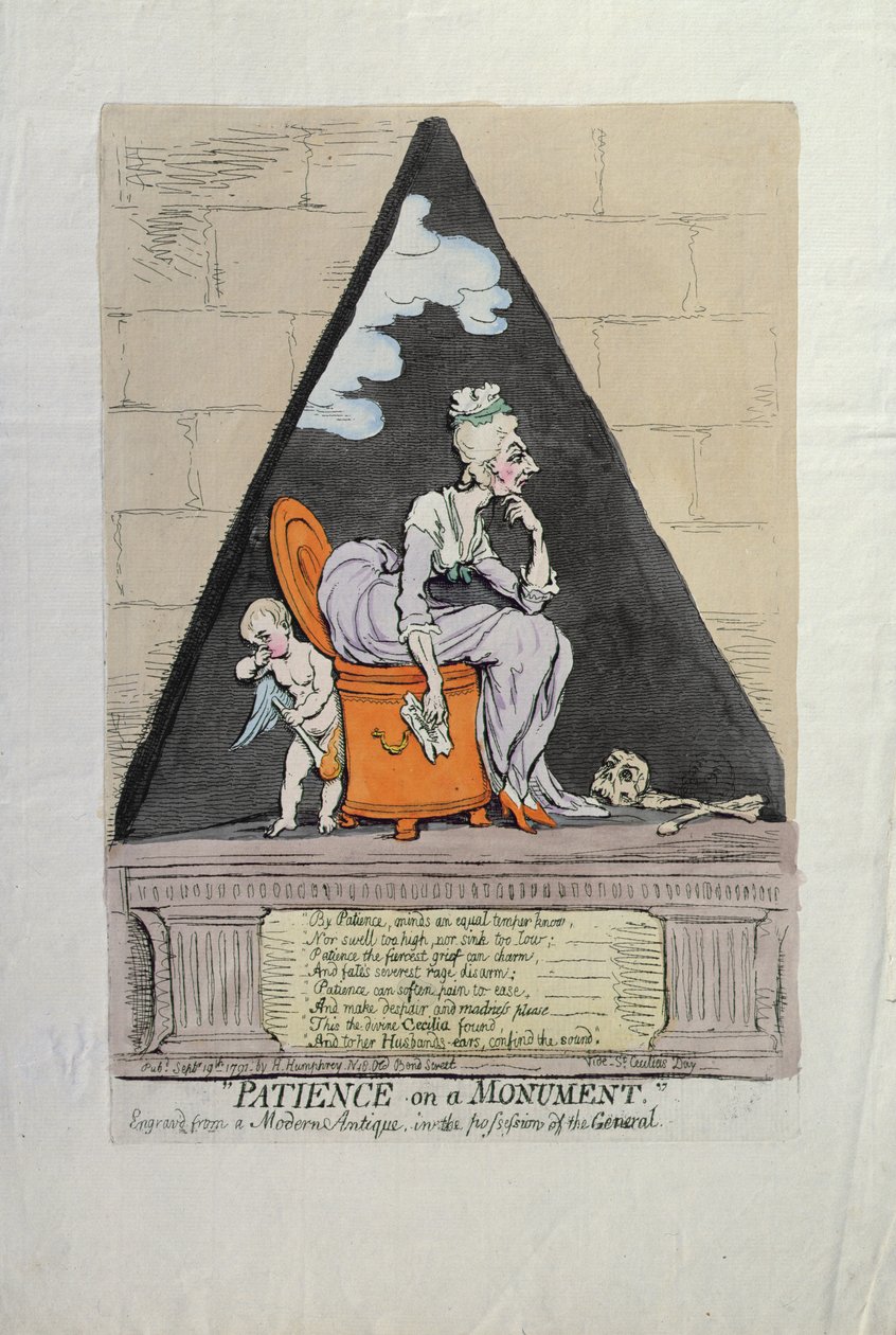 Patience on a Monument, udgivet af Hannah Humphrey i 1791 (håndfarvet radering) af James Gillray