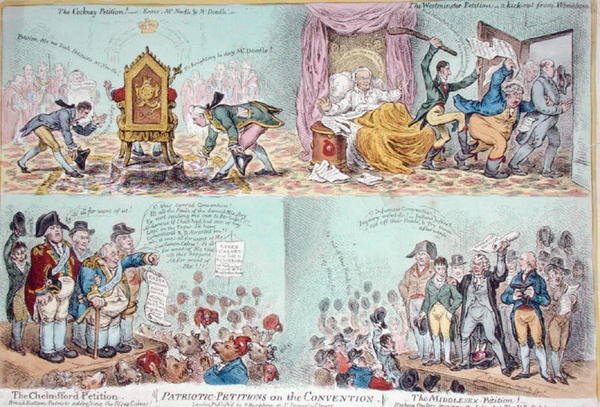 Patriotic Petitions on the Convention, udgivet af Hannah Humphrey (håndkoloreret radering) af James Gillray