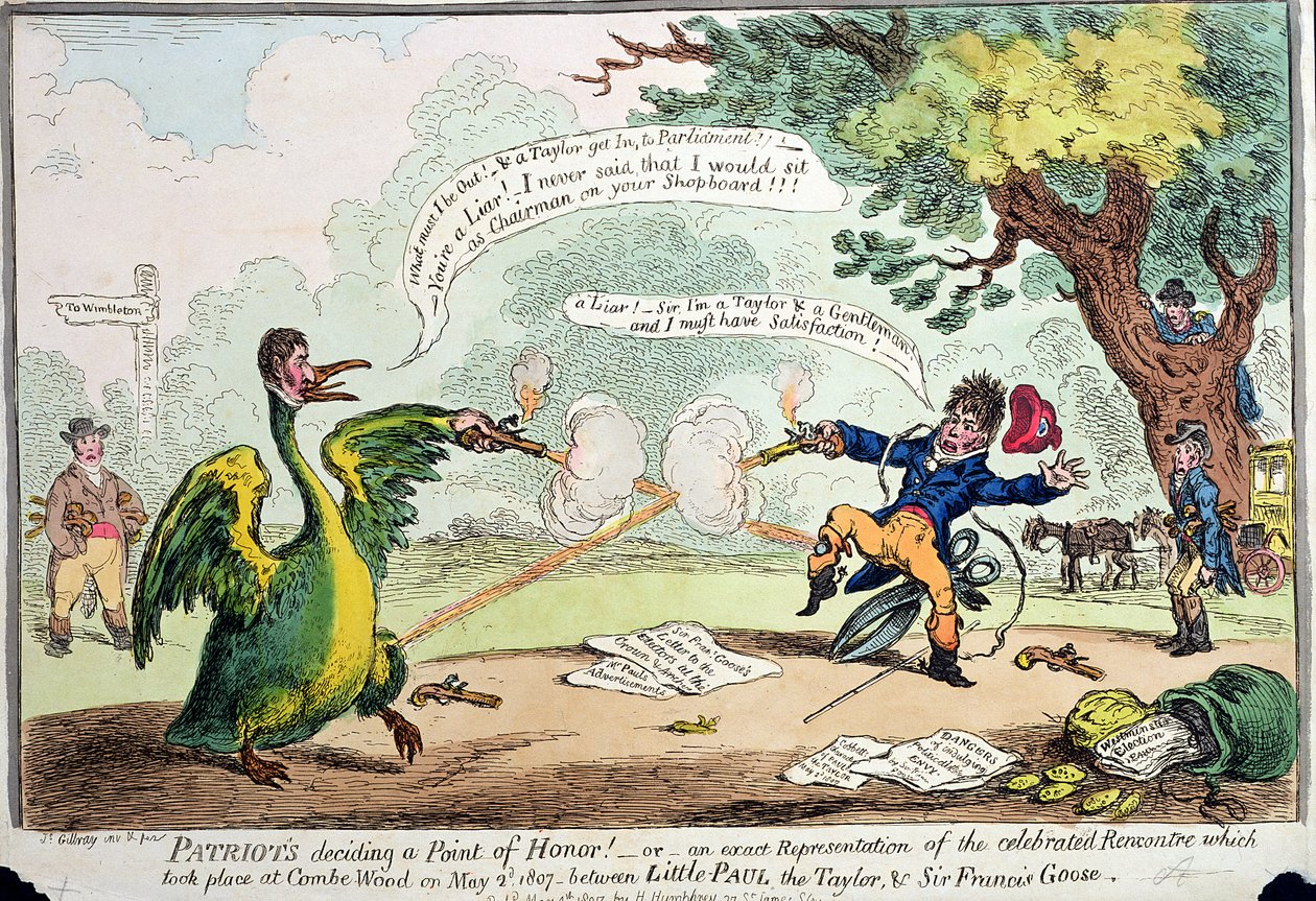 Patrioter bestemmer et ærespunkt! eller En nøjagtig gengivelse af Rencontre, som fandt sted i Coombe Wood den 2. maj 1807 mellem Little Paul the Taylor og Sir Francis Goose, udgivet af Hannah af James Gillray