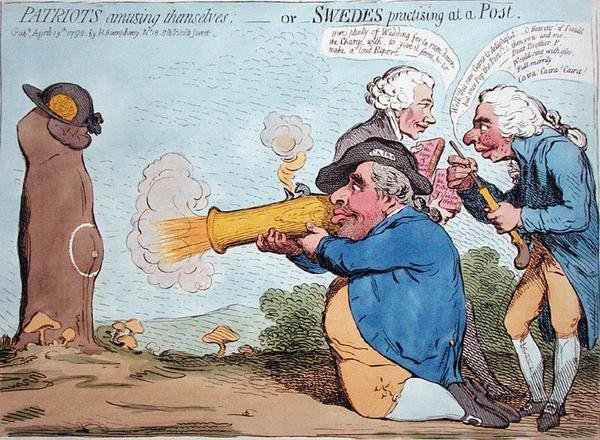 Patrioter, der morer sig, eller svenskere, der øver på en post, udgivet af Hannah Humphrey i 1792 (håndfarvet radering) af James Gillray