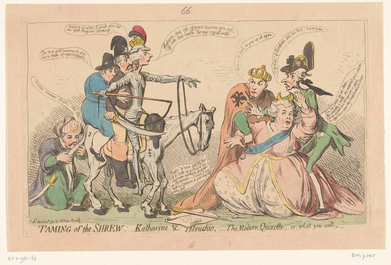 Pitt som Don Quixote skræmmer Catherine den Store, 1791 Tæmning af spidsmusen:- Katharine & Petruchio: - den moderne Quixotte, eller hvad du vil (titel på objekt) af James Gillray