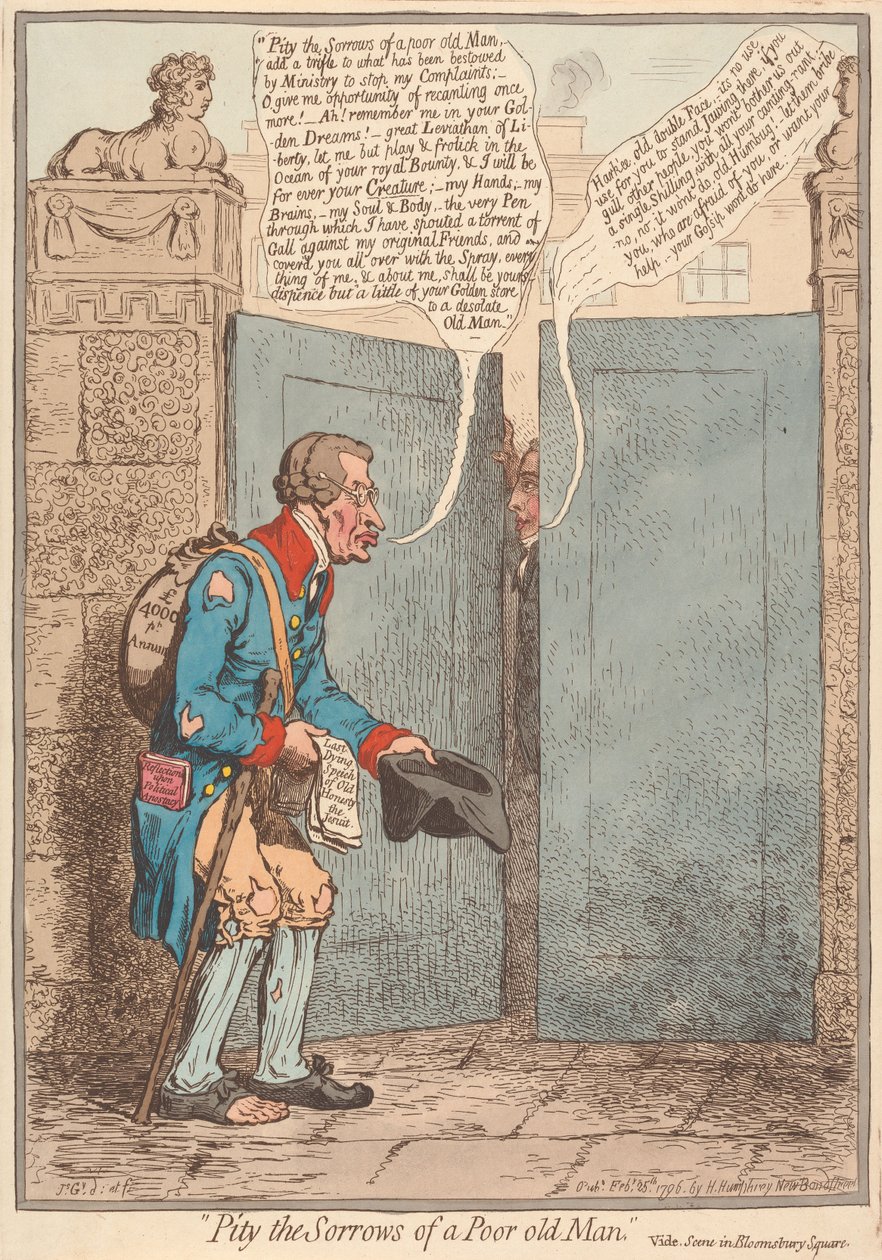 Medlidenhed med en fattig gammel mands sorger – se scenen på Bloomsbury Square af James Gillray
