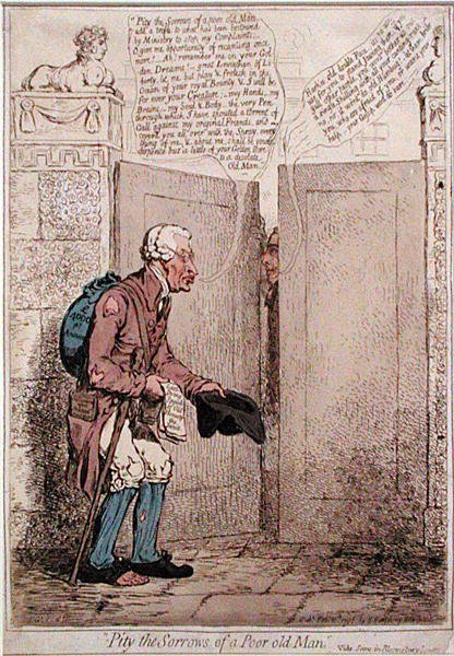 Pity the Sorrows of a Poor Old Man, udgivet af Hannah Humphrey i 1796 (håndkoloreret radering) af James Gillray