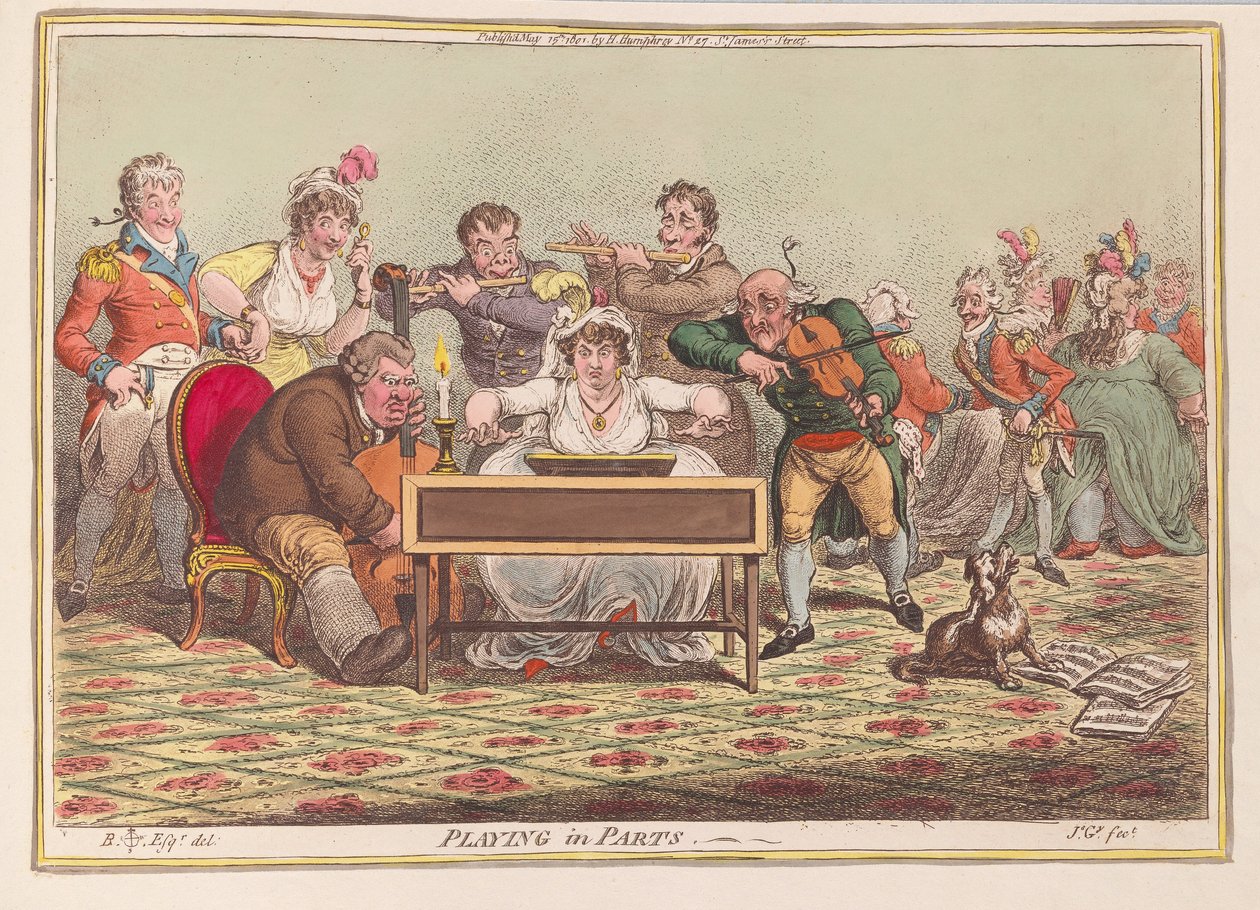 Spiller i Parts, pub. 1801 (håndfarvet gravering) af James Gillray