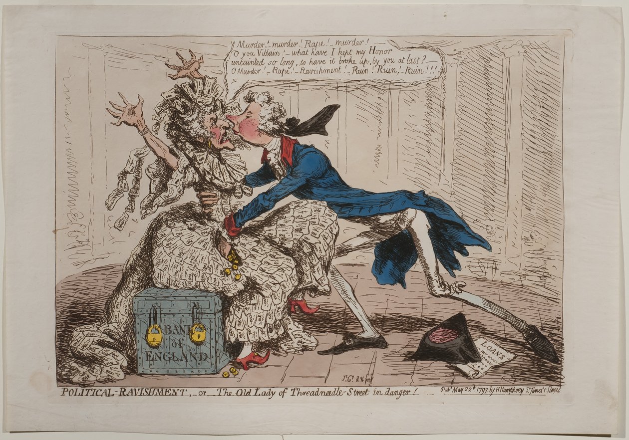 Political Ravishment, or The Old Lady of Threadneedle Street i fare!, udgivet af Hannah Humphrey, 1797 (håndfarvet radering) af James Gillray