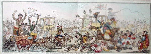 Posting to the Election: a scene on the road to Brentford, udgivet af Hannah Humphrey i 1806 (håndfarvet radering) af James Gillray