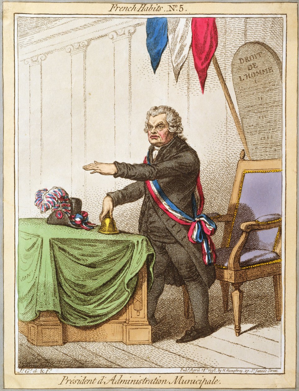 President dAdministration Municipale, plade 5 fra French Habits udgivet af Hannah Humphrey i 1798 (farvet radering) af James Gillray