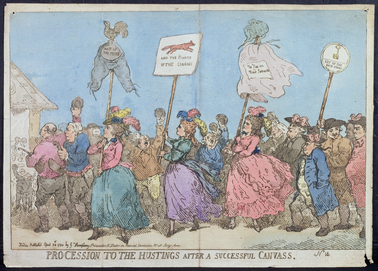 Procession to the Hustings after a Successful Canvass, udgivet af G. Humphrey i 1784 (håndkoloreret radering) af James Gillray