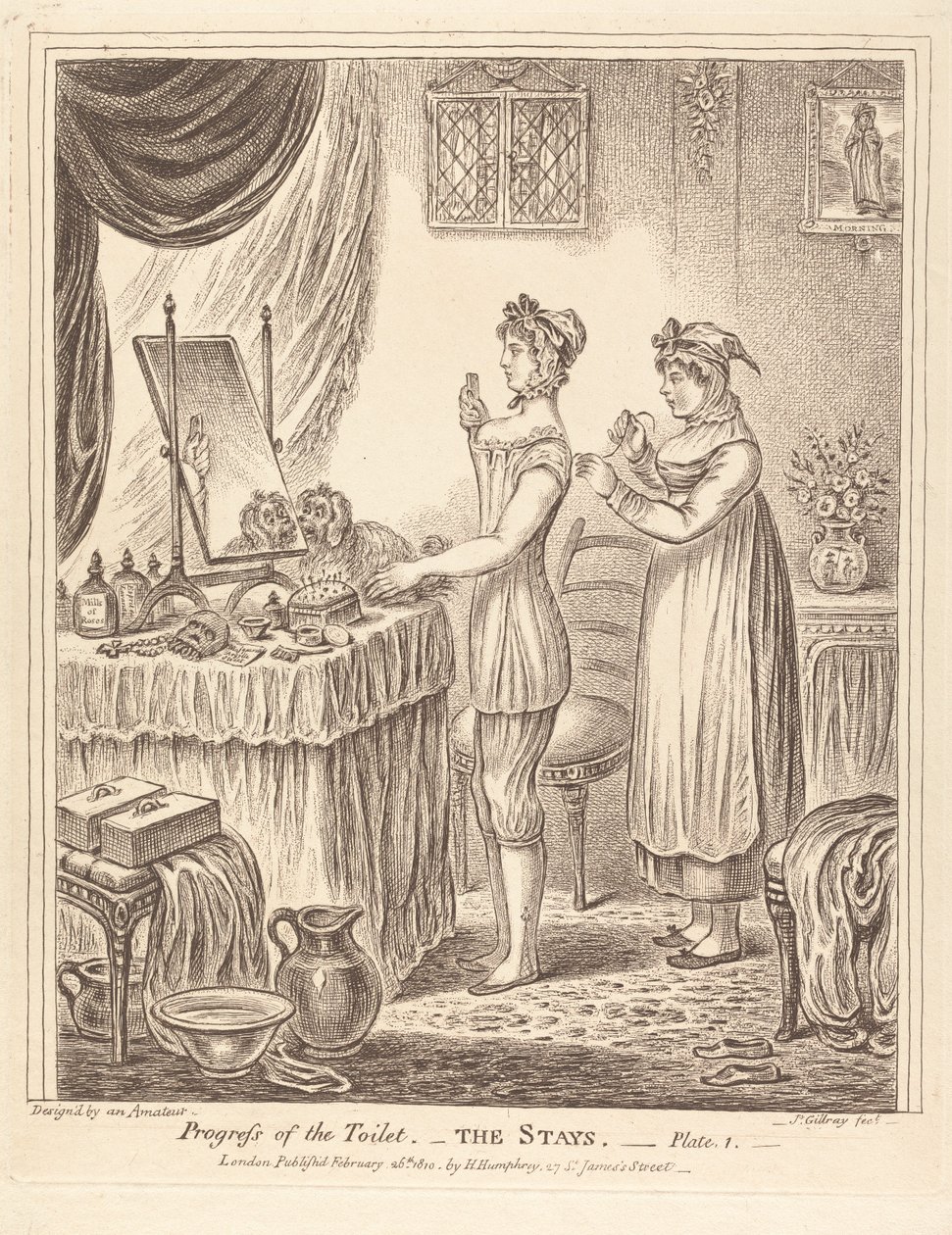 Toilettets fremskridt - Korsettet, planche I af James Gillray