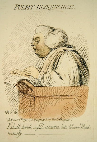 Prædikestolsberetning, udgivet af Hannah Humphrey i 1795 (håndkoloreret gravering) (detalje af 191281) af James Gillray