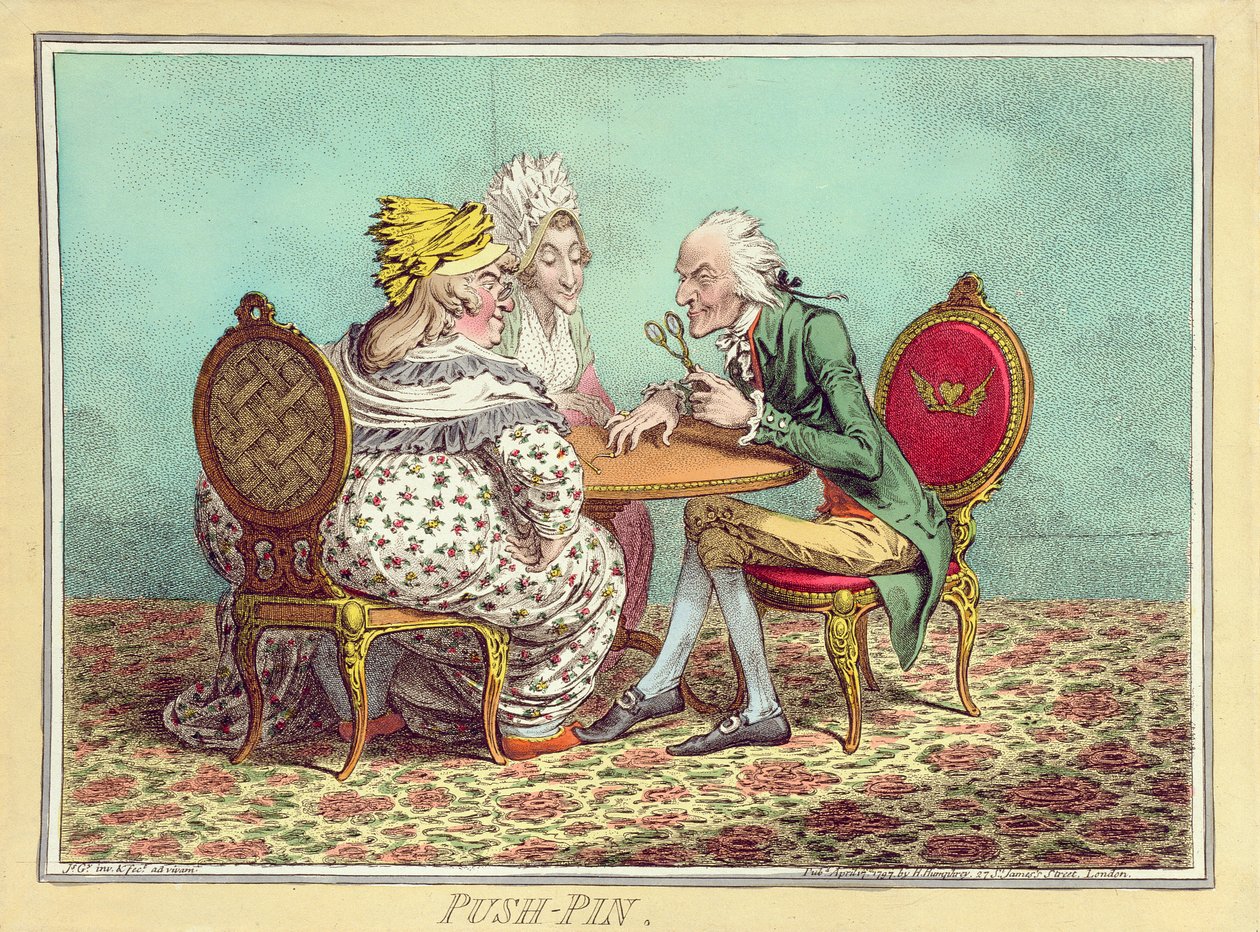 Push-Pin, udgivet af Hannah Humphrey i 1797 (håndfarvet radering) af James Gillray