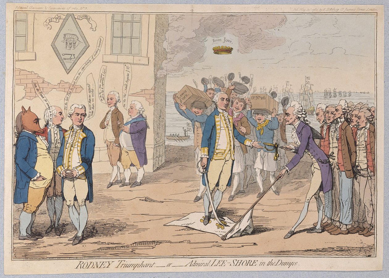 Rodney Triumphant eller Admiral LeeShore in the Dumps, pub 1782 (håndfarvet gravering) af James Gillray