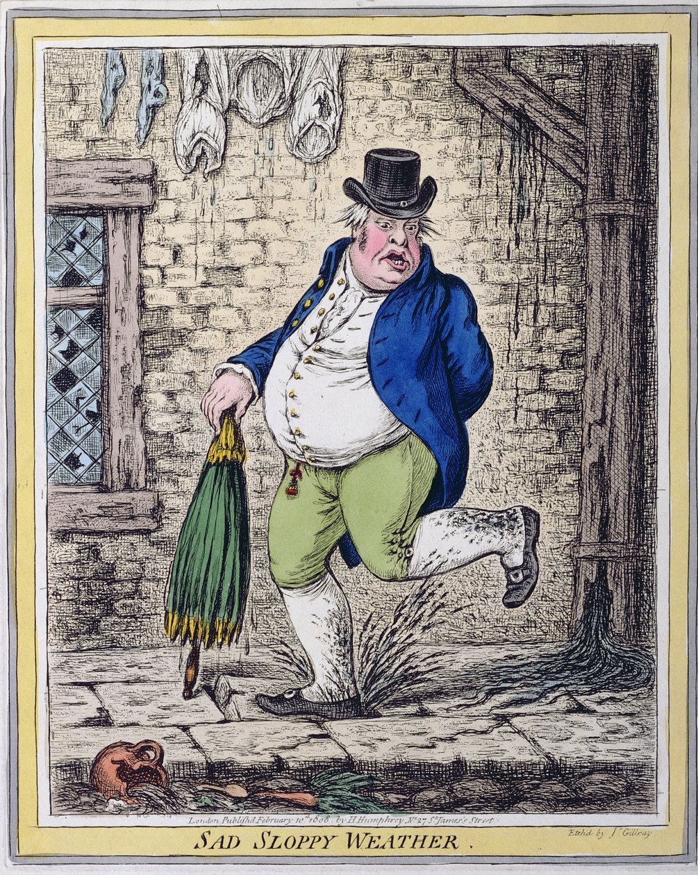 Sad Sloppy Weather, udgivet af Hannah Humphrey i 1808 (håndfarvet radering) af James Gillray