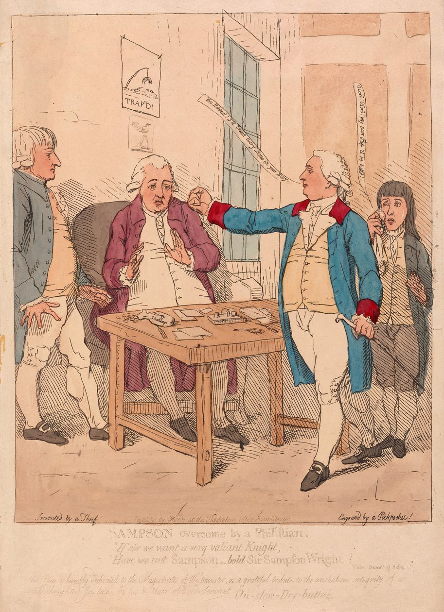 Sampson overvundet af en filistner, pub. 1782 (håndfarvet gravering) af James Gillray