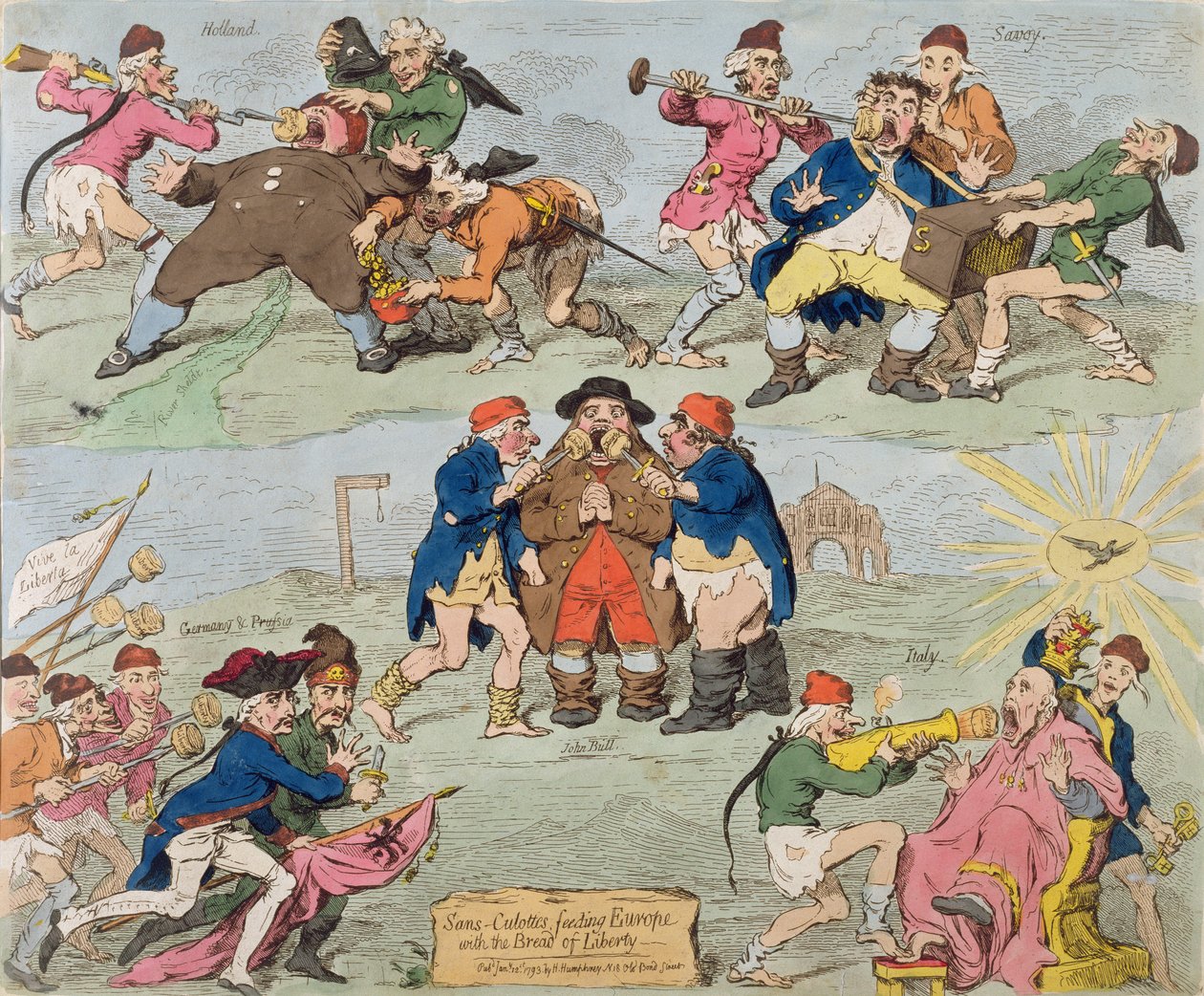 Sans-Culottes Feeding Europe with the Bread of Liberty, udgivet af Hannah Humphrey i 1793 (håndfarvet radering) af James Gillray