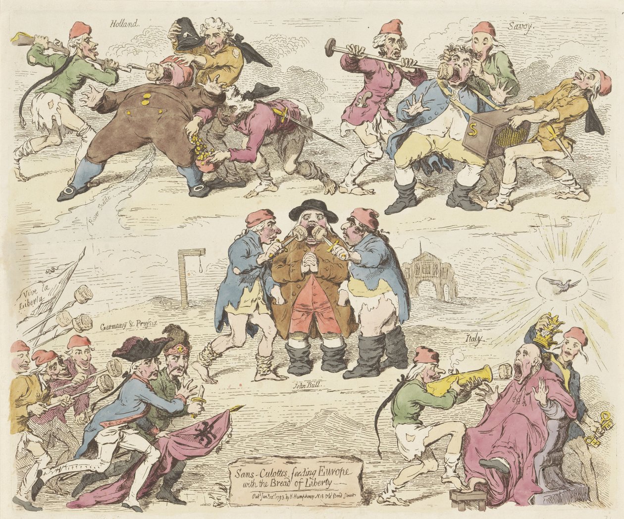 Sans-culottes fodrer Europa med frihedens brød, 1793 Sans-culottes, der fodrer Europa med Frihedens Brød (titel på objektet) af James Gillray