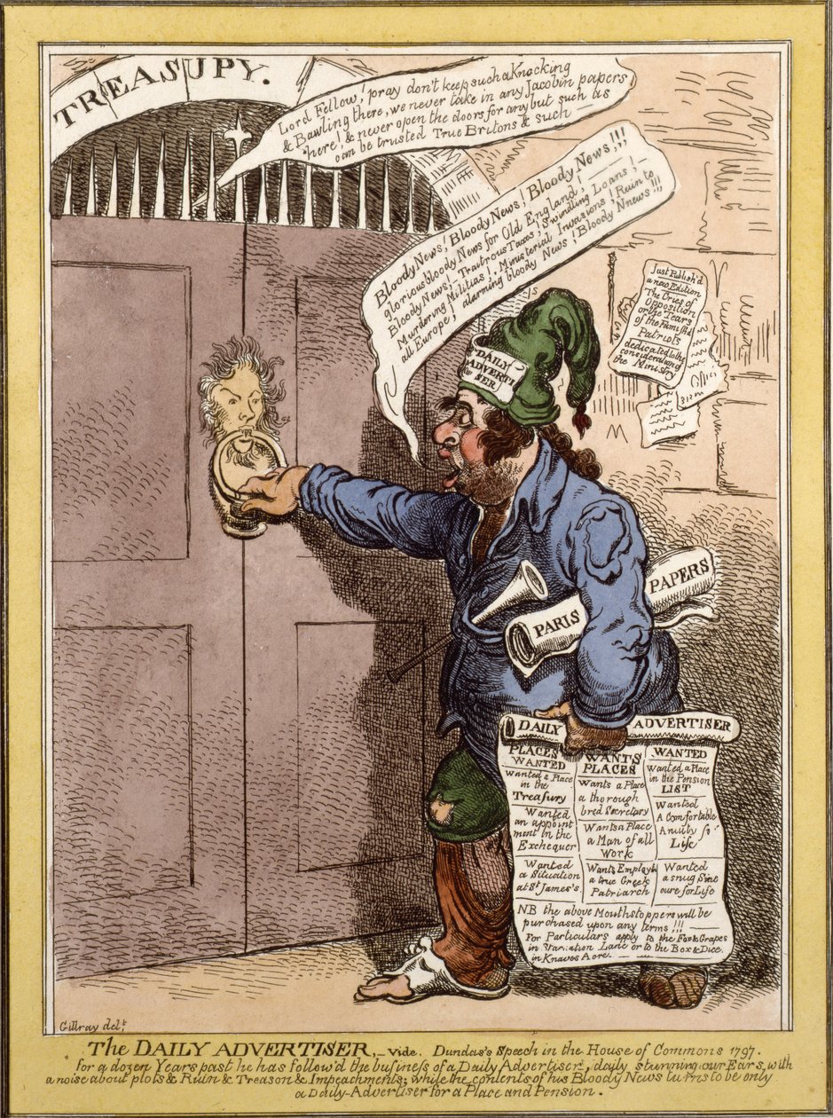 Satirisk tegneserie i Daily Advertiser vedrørende Dundas tale i Underhuset, 1797 af James Gillray