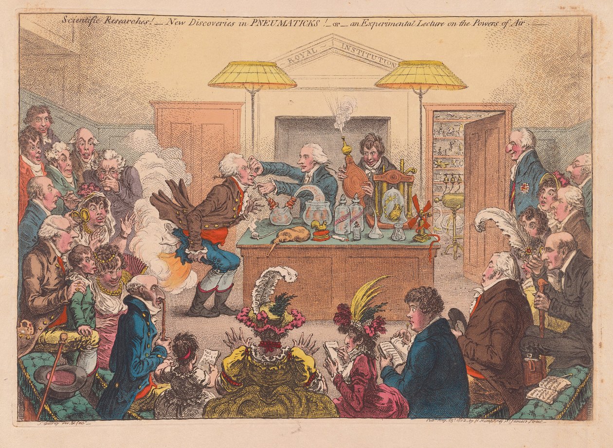 Videnskabelige undersøgelser! Nye opdagelser i Pneumaticks! Eller et eksperimentelt foredrag om Powers osf Air, pub. 1802 (håndfarvet gravering) af James Gillray
