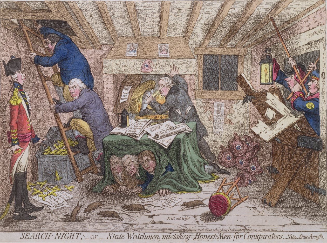 Search Night, or The State Watchmen Mistaking Honest-men for Conspirators, udgivet af Hannah Humphrey i 1798 (håndfarvet radering) af James Gillray