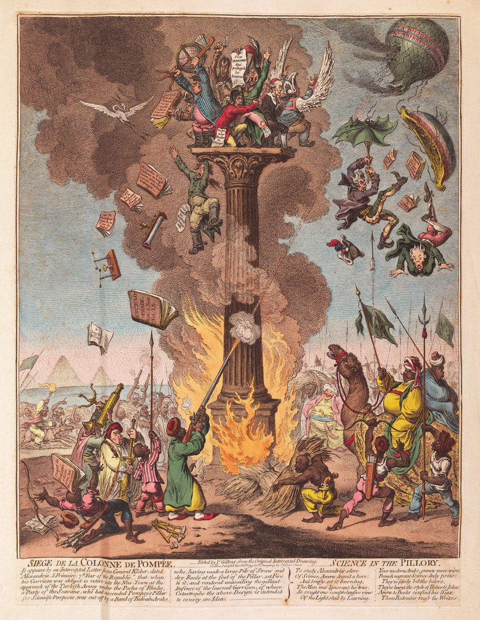 Siege de la Colonne de Pompee, Science in the Pillory, udgivet. 1799 (håndkoloreret gravering) af James Gillray