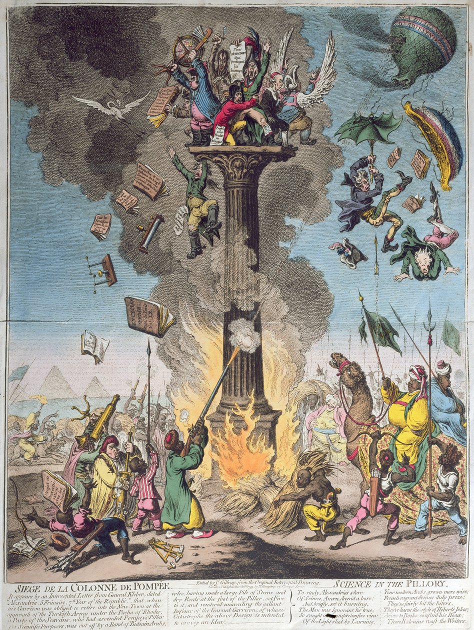 Siege de la Colonne de Pompee, or Science in the Pillory, udgivet af H. Humphrey i 1799 (ætsning, stik og wc) af James Gillray