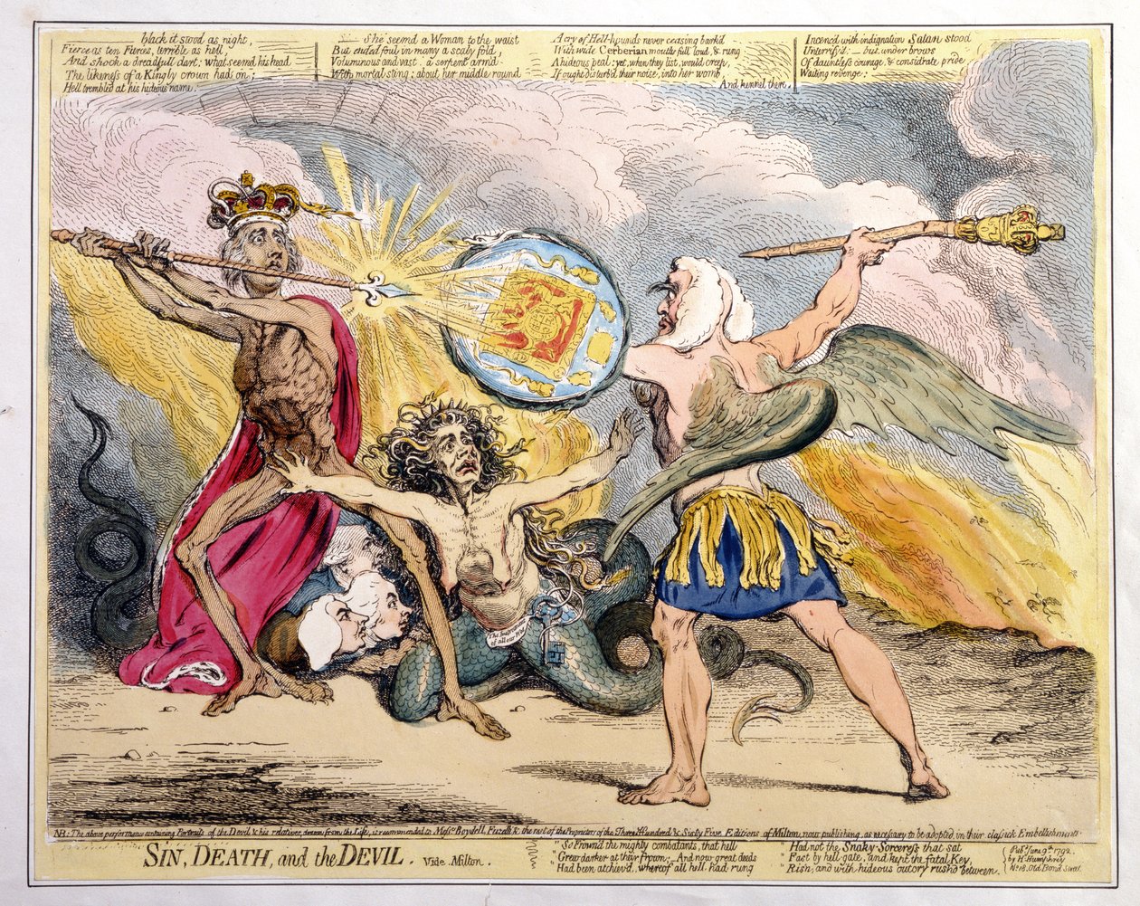 Synd, død og djævelen, udgivet af Hannah Humphrey i 1792 (håndkoloreret radering) af James Gillray
