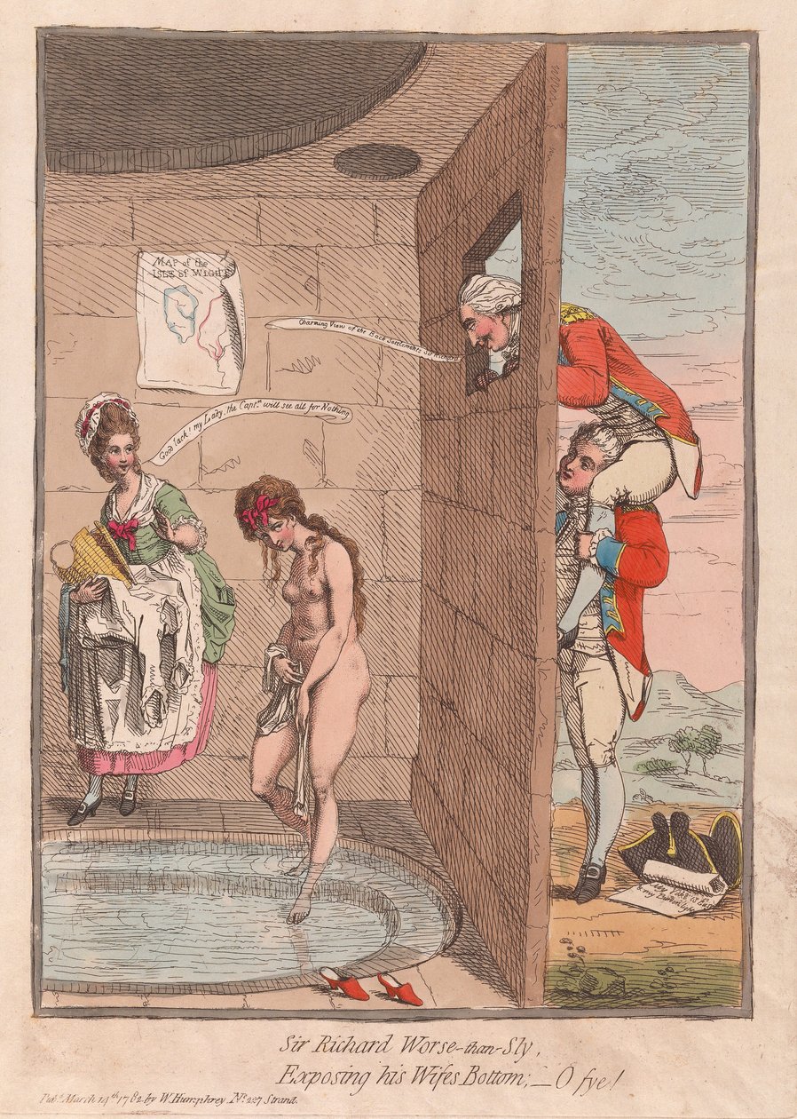 Sir Richard Worse-than-Sly, Exposing his Wifes Bottom - O fye!, pub. 1782 (håndkoloreret gravering) af James Gillray