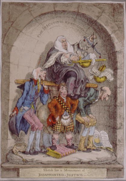 Skitse til et monument over skuffet retfærdighed, udgivet af Hannah Humphrey i 1806 (håndkoloreret radering) af James Gillray
