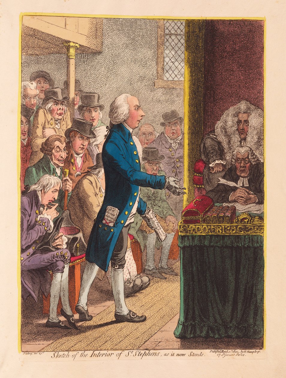 Skitse af det indre af St Stephens, som det nu står, pub. 1802 (håndfarvet gravering) af James Gillray