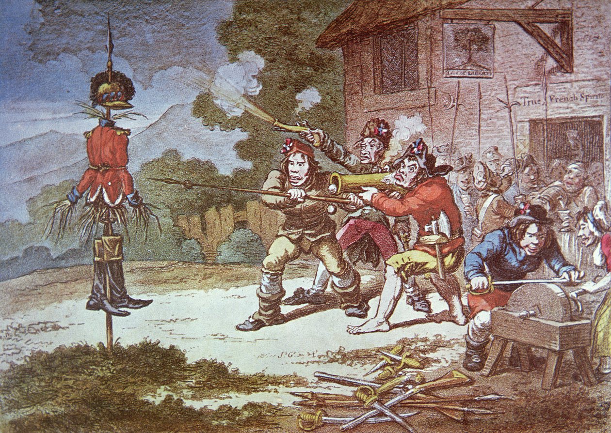 Society of United Irishmen i træning mod den britiske hær af James Gillray