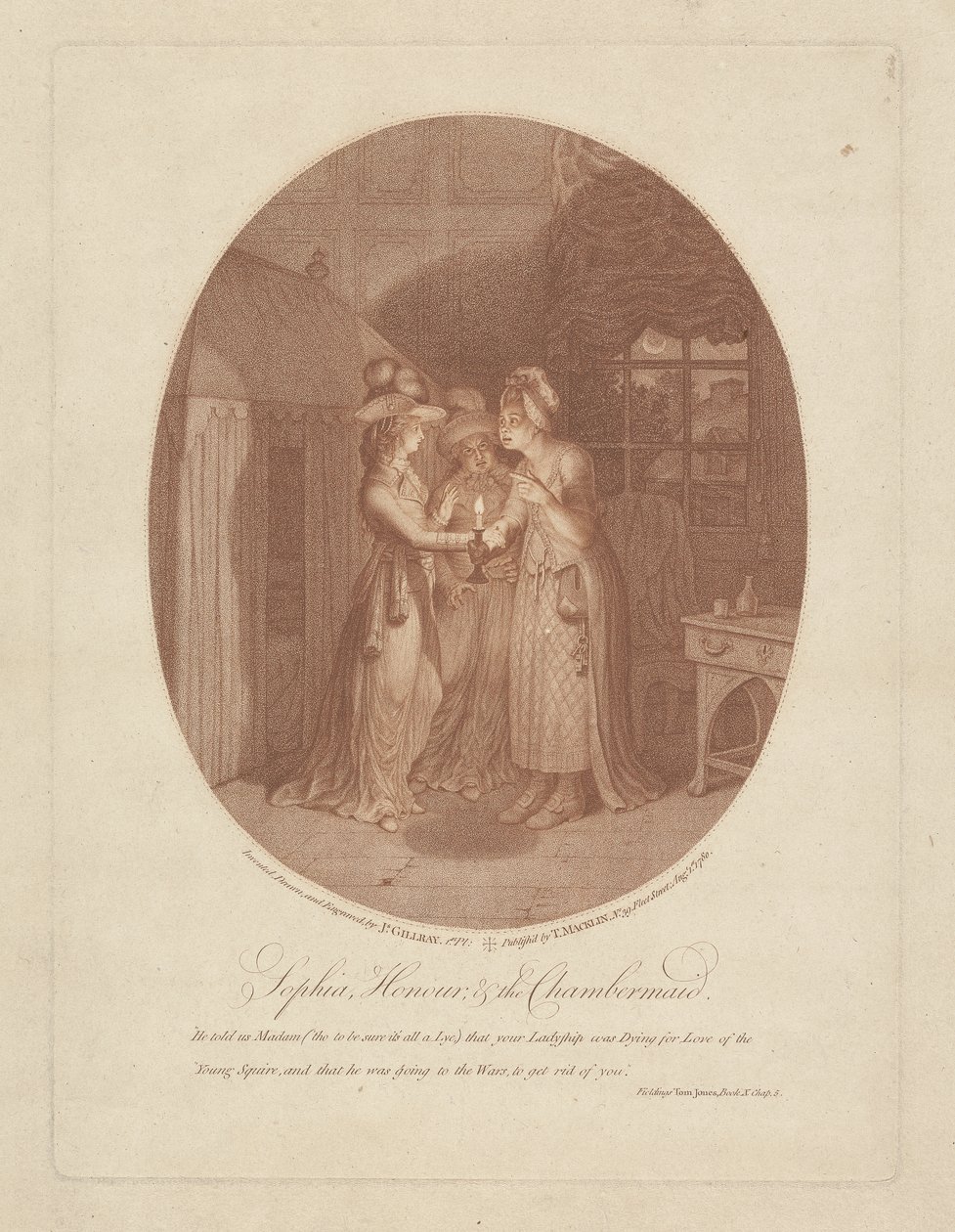 Sophia, Honour, and the Chambermaid, scene fra Tom Jones af Henry Fielding (1707-54) (stipple gravering) af James Gillray