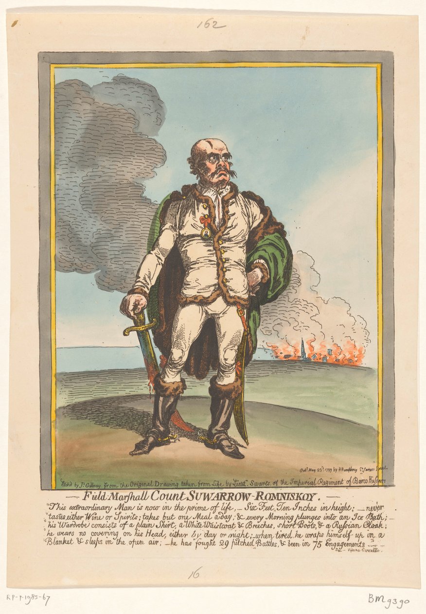 Tegnefilm om Aleksandr Suvorov, 1799 Feltmarskalgreve Suwarrow-Romniskoy (titel på objekt) af James Gillray