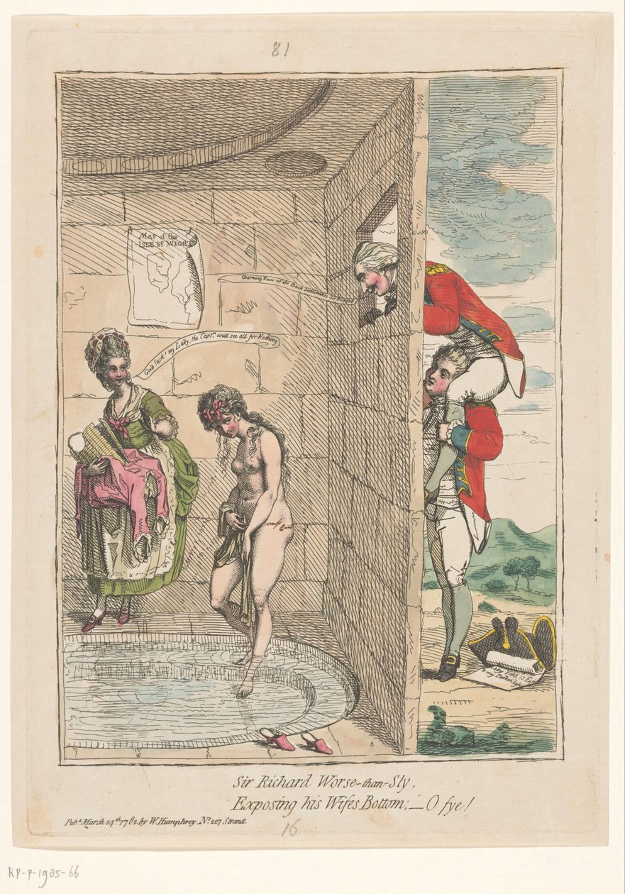 Spotprent af Sir Richard Worsley Sir Richard var værre end snu, blottede sin kones bund; -o fye! (titel på objekt) af James Gillray