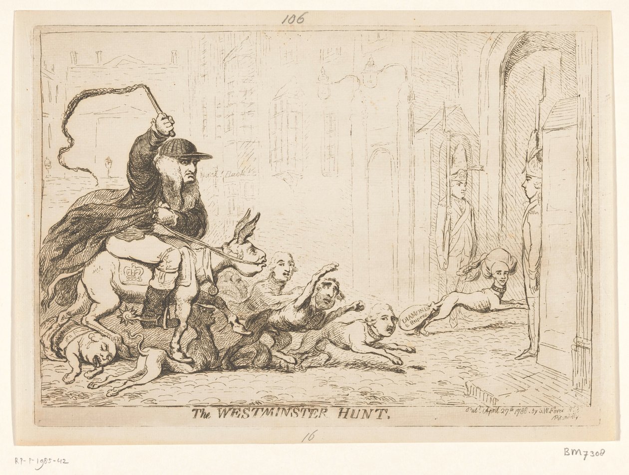 Tegnefilm om Warren Hastings, 1788 The Westminster Hunt (titel på objekt) af James Gillray