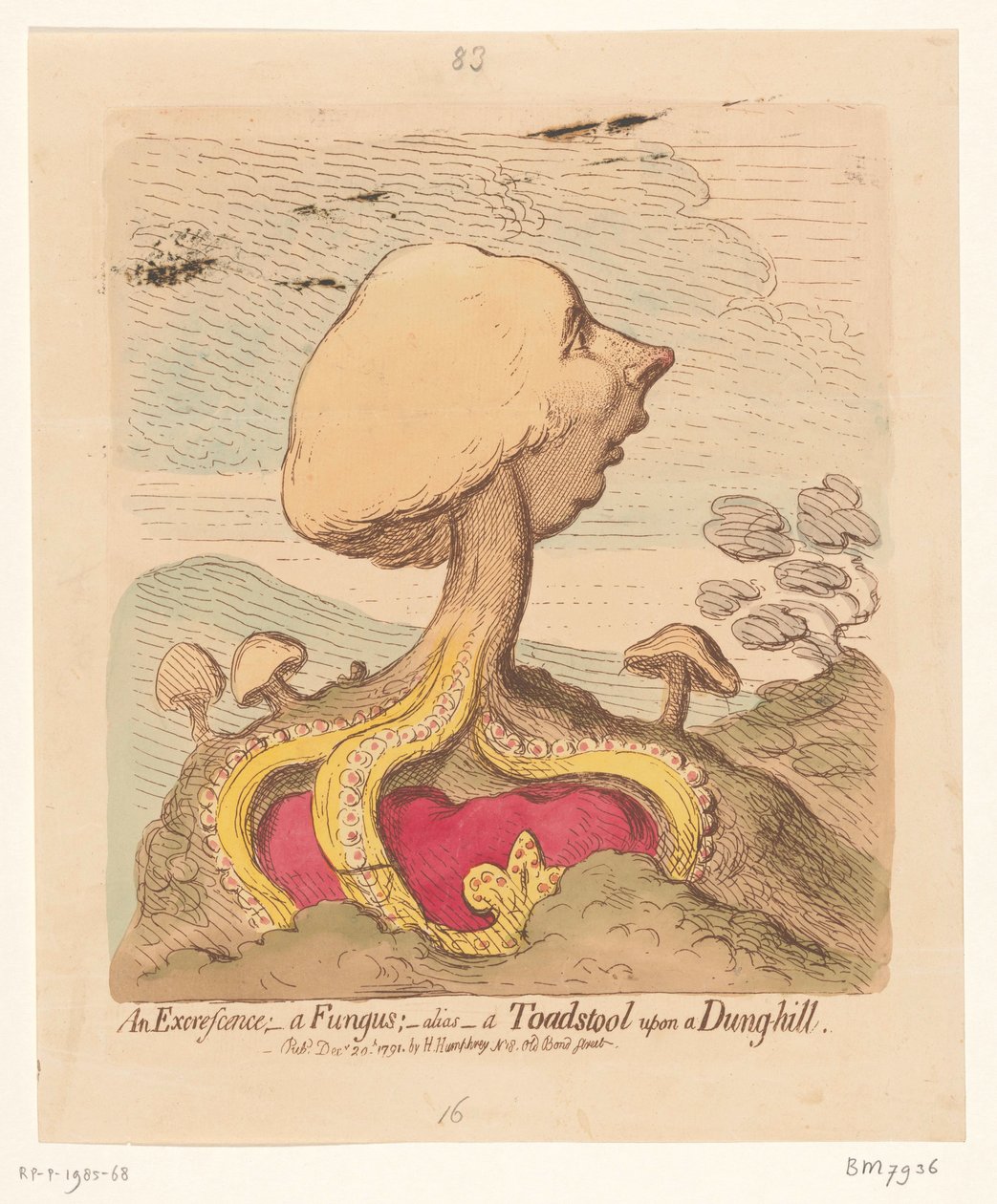 Karikatur af William Pitt den Yngre, 1791 En Udbredelse; - en svamp; -alias- en paddehat på en møgbakke af James Gillray