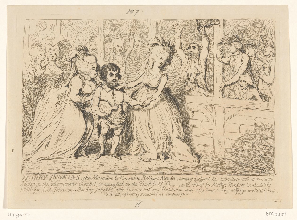 Tegneserie af engelsk indenrigspolitik, 1788 Harry Jenkins, The Masculine & Feminine Bellow Mender af James Gillray