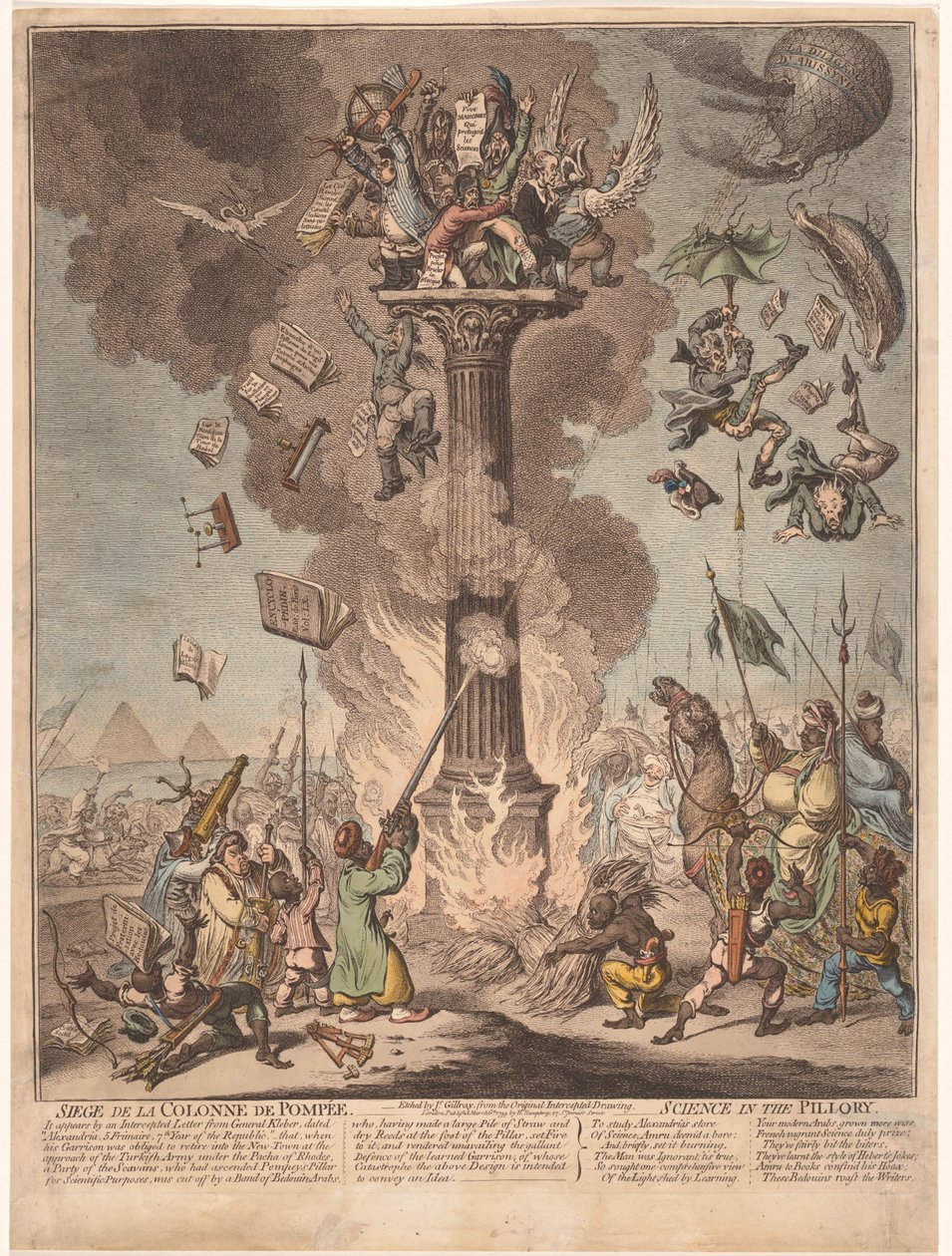Tegneserie af den franske ekspedition til Egypten, 1799 Siege de la Colonne de Pompee / Science in the pillory (titel på objekt) af James Gillray