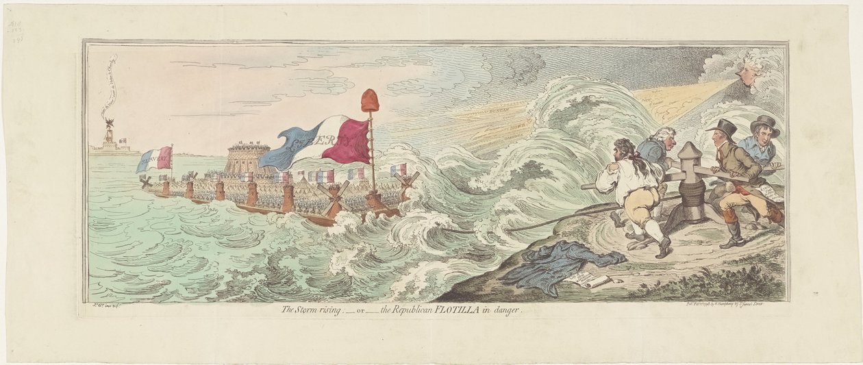 Tegneserie af de franske planer for en invasion af England, 1798 Stormen stiger - eller - den republikanske flotille i fare (titel på objekt) af James Gillray
