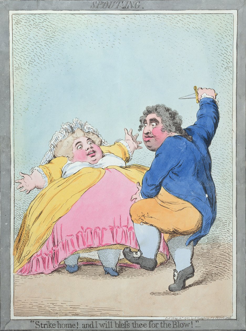Spouting, udgivet af Hannah Humphrey i 1792 (håndkoloreret radering) af James Gillray