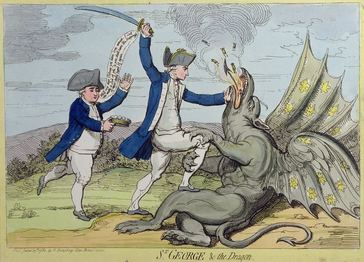 St. George and the Dragon, udgivet af Hannah Humphrey i 1782 (håndfarvet radering) af James Gillray