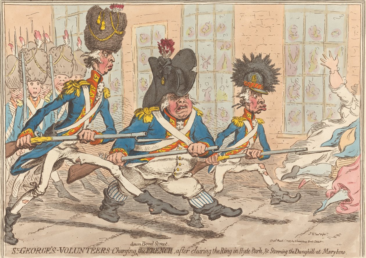 St. Georges frivillige stormer ned ad Bond Street, efter at de har ryddet pladsen i Hyde Park og stormet gødningshøjen ved Marybone af James Gillray
