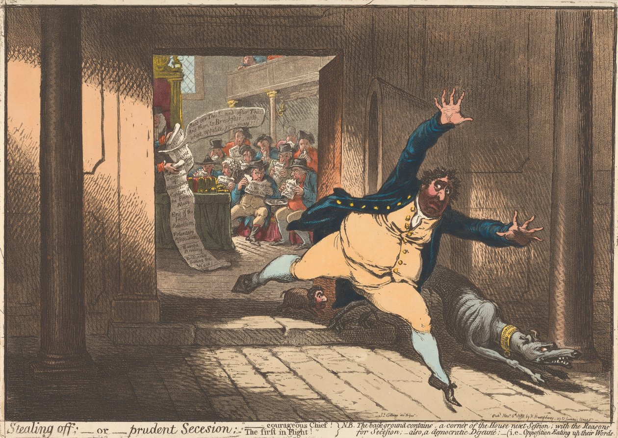 På flugt; – eller – klog tilbagetrækning. »Den modige høvding – den første til at flygte« af James Gillray