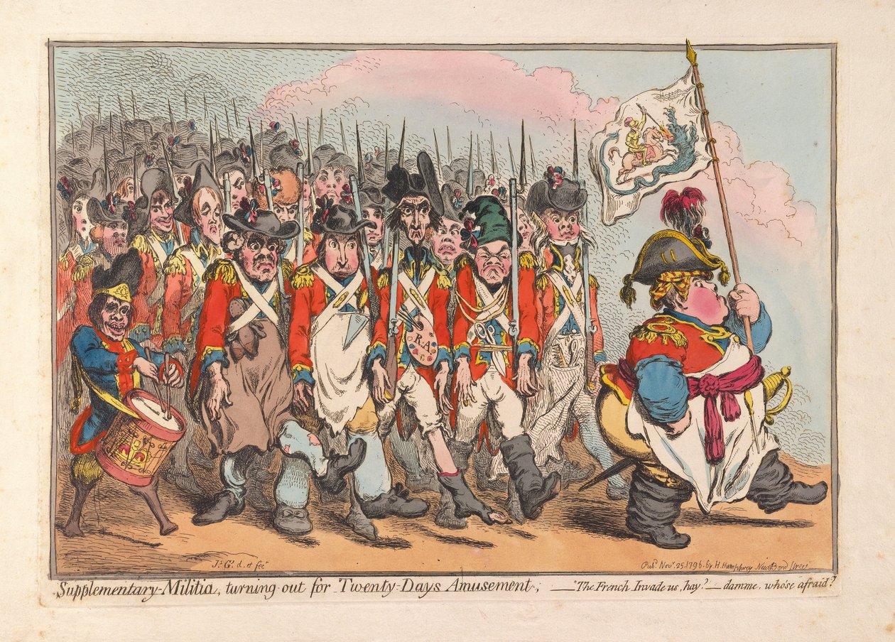 Supplerende milits, dukker op til Twenty Days Amusement, pub. 1796 (håndfarvet gravering) af James Gillray